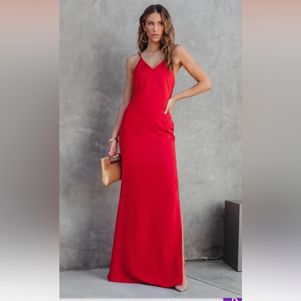 NWT satin red v-neck evening gown maxi dress with side leg slit